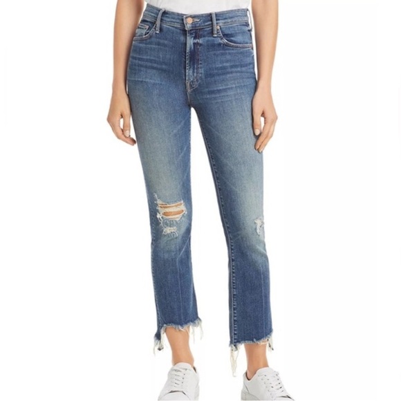 Mother Insider Crop Step Chew Dancing On Coals Jeans Distressed Denim Blue - Picture 1 of 7